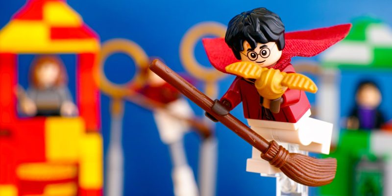 Tambov, Russian Federation - January 20, 2019 Lego Harry Potter on broom captured Golden Snitch and win the Quidditch Match.
